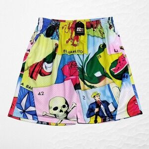 All Pesos No Besos Mens XL Loteria Shorts 7" Mesh‎ Lined Skull Colorful NEW